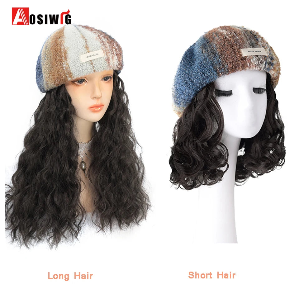 Hat Wig Synthetic Short Curly Wavy Hair Wigs With Hat Fisherman's Cap Wig Hair Extension Black Brown Wig Cap