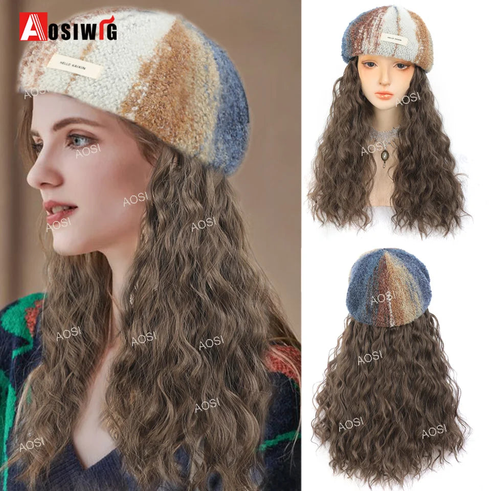 Hat Wig Synthetic Short Curly Wavy Hair Wigs With Hat Fisherman's Cap Wig Hair Extension Black Brown Wig Cap