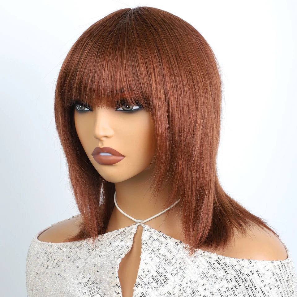 Lekker Glueless Short Brown Wolf Cut Straight Bob Human Hair Wigs With Bangs For Women Brazilian Remy Hair Ready to Wear Bob Wig