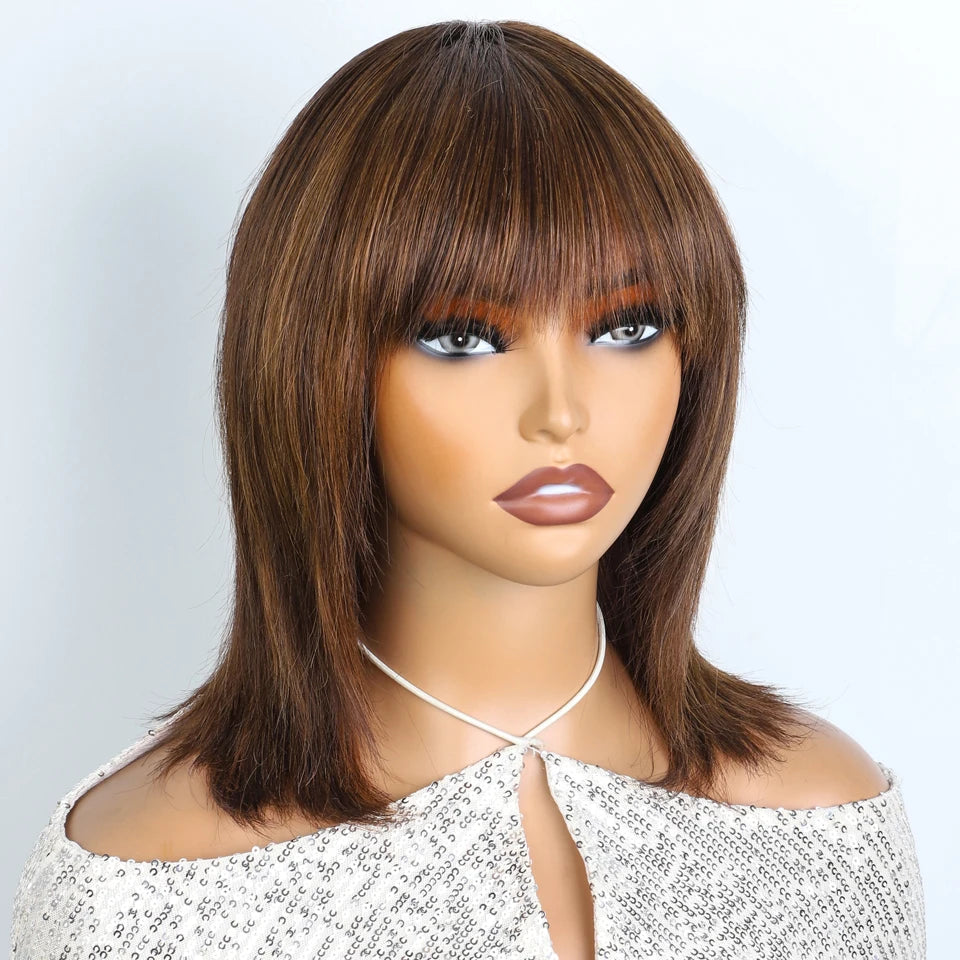Lekker Glueless Short Brown Wolf Cut Straight Bob Human Hair Wigs With Bangs For Women Brazilian Remy Hair Ready to Wear Bob Wig