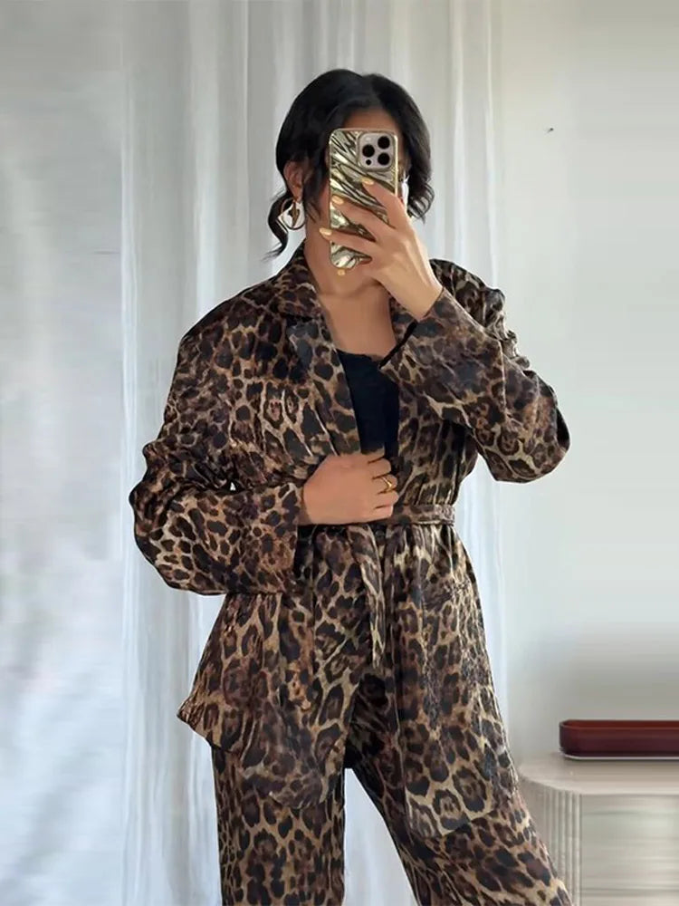 Women's Jackets Pants Animal Printed Suits 2 Piece Set Outwear Belt Lapel Collar Coats Vintage Autumn Woman Clothes