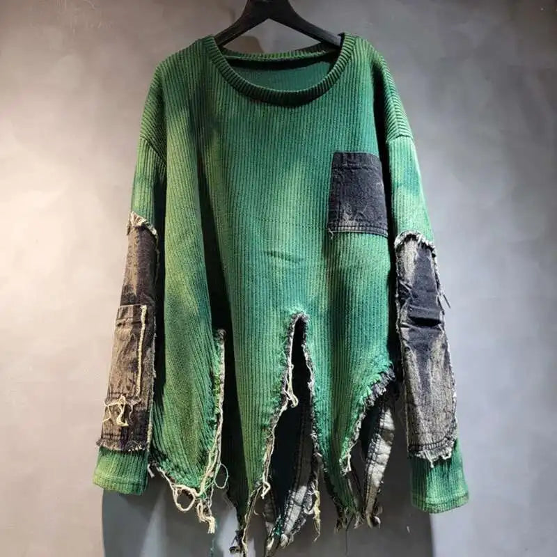 DEAT Fashion Women's Irregular Design Contrast Color Pullovers Loose O-neck Long Sleeve Sweater Female 2024 Autumn New 29L8194