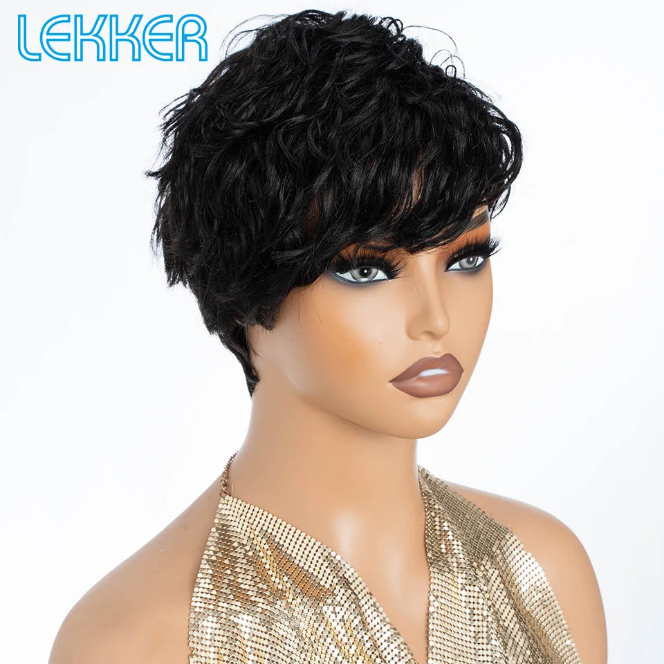 Lekker Short Pixie Cut Bob 100% Human Hair Wigs For Women Brazilian Remy Hair Natural black Full Machine Made Daily Straight Wig