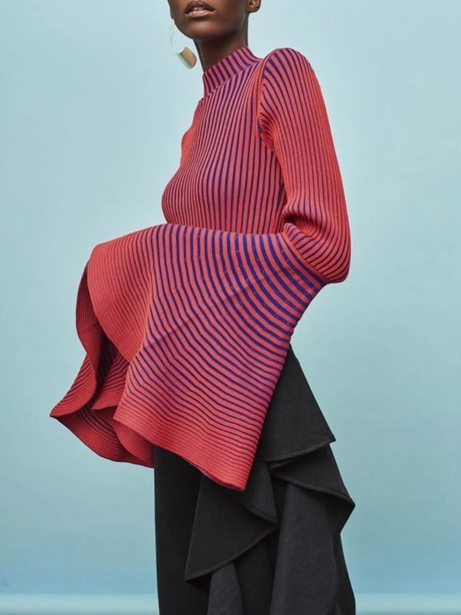 TWOTWINSTYLE Hit Color Spliced Striped Fashion Sweaters for Women Stand Neck Long Sleeves Patchwork Ruffles Sweater Female New