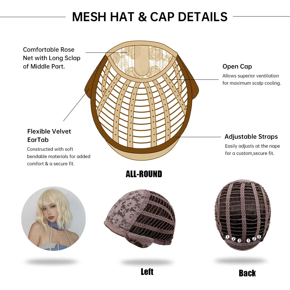 Platinum Blonde Short Curly Bob Glueless Synthetic Wig with Bangs - Lolita/Cosplay Ready