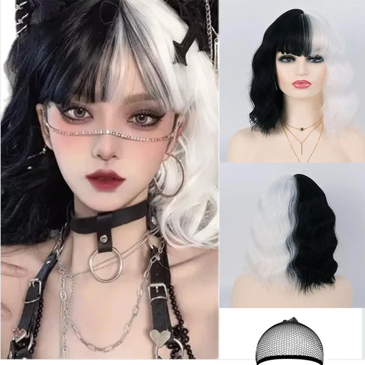 Synthetic Black and White Wigs for Women Costume Short Bob Wavy Curly Wigs Heat Resistant Wigs for Party Cosplay Halloween