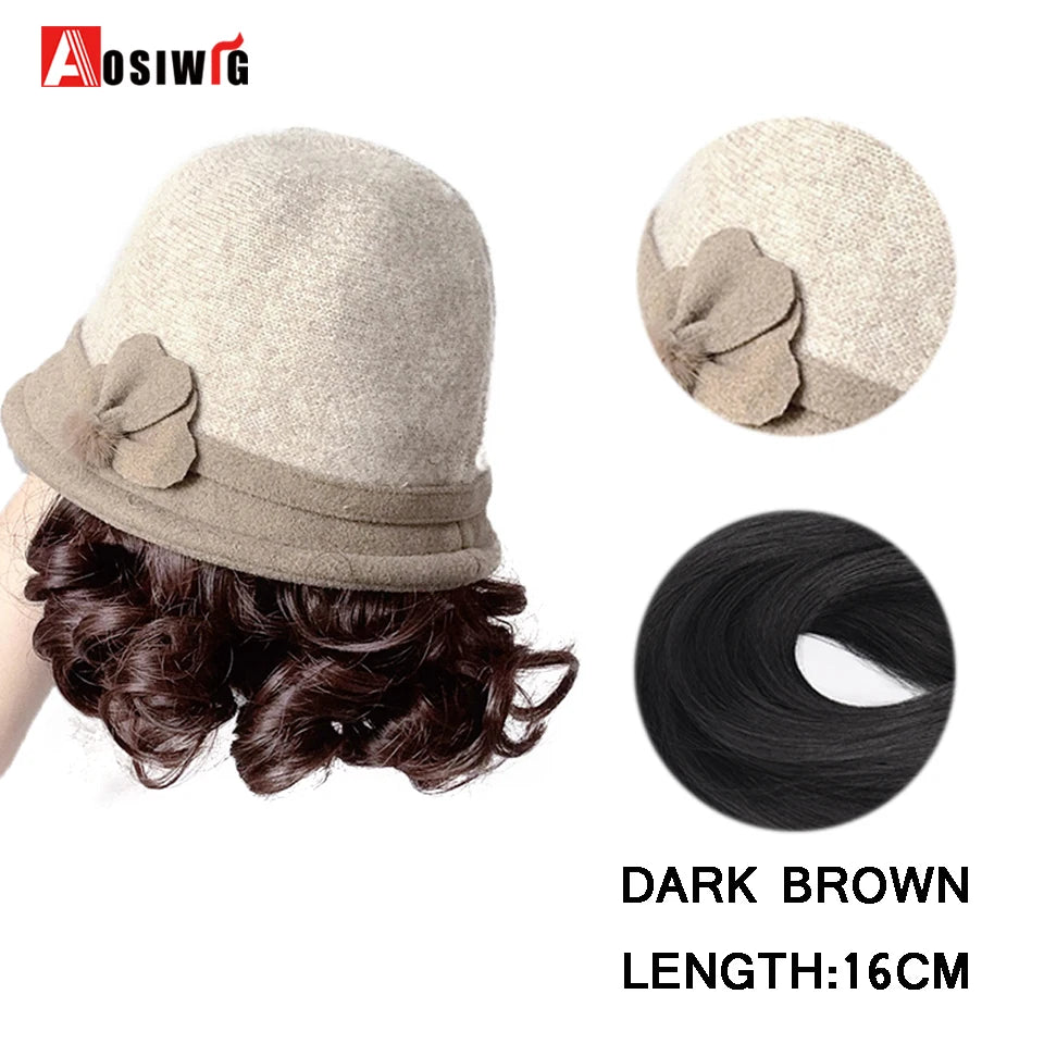 Hat Wig Synthetic Short Curly Wavy Hair Wigs With Hat Fisherman's Cap Wig Hair Extension Black Brown Wig Cap