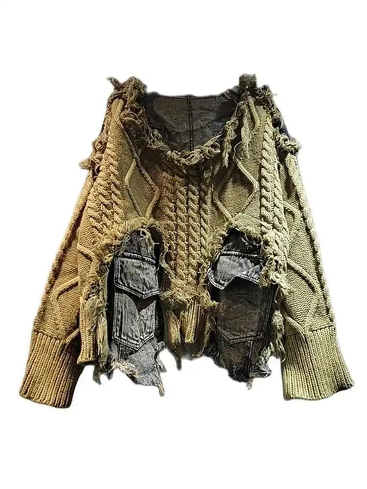 DEAT Women Pullover Long Sleeve Irregular Do Old Patchwork Pockets Vintage Washed Denim Sweater 2026 Summer New Fashion 29L8195