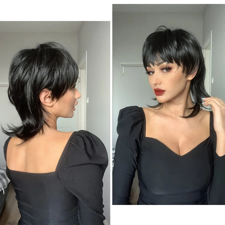 StrRid Short Black Wig Shaggy Layered 80s Mullet Wig Pixie Cut Wig With Bangs Curly Synthetic Natural Fake Hair Replacement Wigs