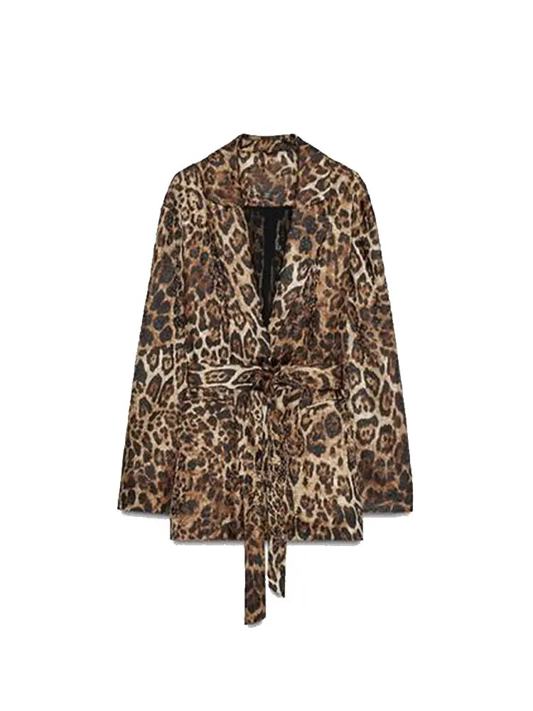 Women's Jackets Pants Animal Printed Suits 2 Piece Set Outwear Belt Lapel Collar Coats Vintage Autumn Woman Clothes
