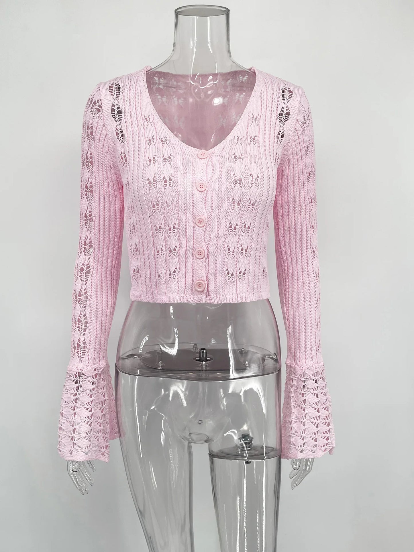 Tossy Knitwear Hollow Out Sweater Cardigan Women V-Neck Long Sleeve See-Through Cropped Top Summer Knit Patchwork Cardigan Top