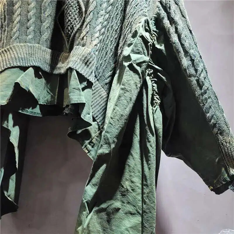 DEAT 2024 Autumn New Fashion Women's Twists Knitting Spliced Sweater Loose Bat Sleeve V-neck Long Pullovers Female 33A1448