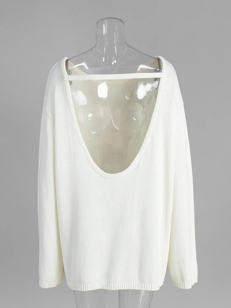 Tossy Female Backless Loose Knitwear Sweater Solid Casual Elegant Long Sleeve Patchwork Commute Clothes Women's Knit Pullover