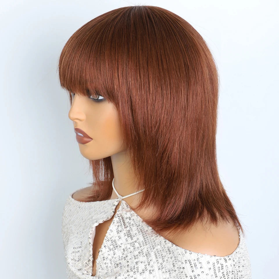Lekker Glueless Short Brown Wolf Cut Straight Bob Human Hair Wigs With Bangs For Women Brazilian Remy Hair Ready to Wear Bob Wig