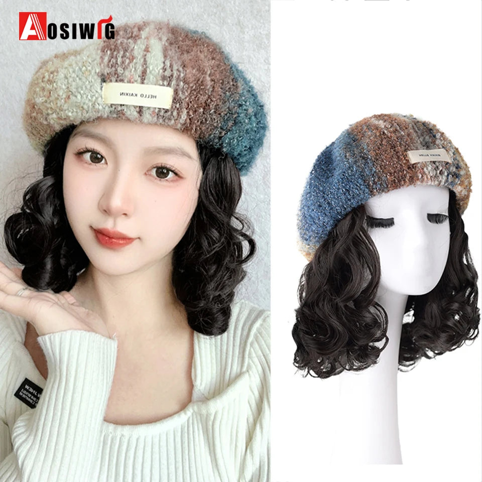 Hat Wig Synthetic Short Curly Wavy Hair Wigs With Hat Fisherman's Cap Wig Hair Extension Black Brown Wig Cap