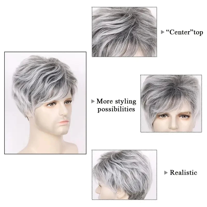 Men's Short Synthetic Short Wigs, Grey Short Layered Heat Resistant Wigs, Men's Wigs