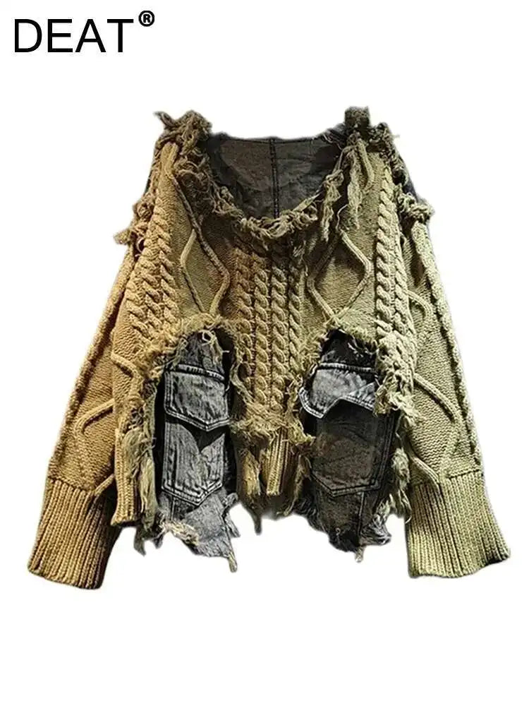 DEAT Women Pullover Long Sleeve Irregular Do Old Patchwork Pockets Vintage Washed Denim Sweater 2026 Summer New Fashion 29L8195