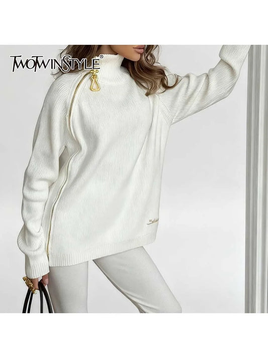TWOTWINSTYLE Solid Loose Spliced Zipper Casual Sweaters for Women High Neck Long Sleeves Patchwork Embroidery Sweater Female New