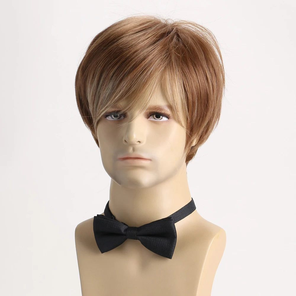 10 Inch Hair Short Curly Synthetic Mixed Brown Wig For Men Layered Heat Resistant Wigs With Bangs For Daily Halloween Use