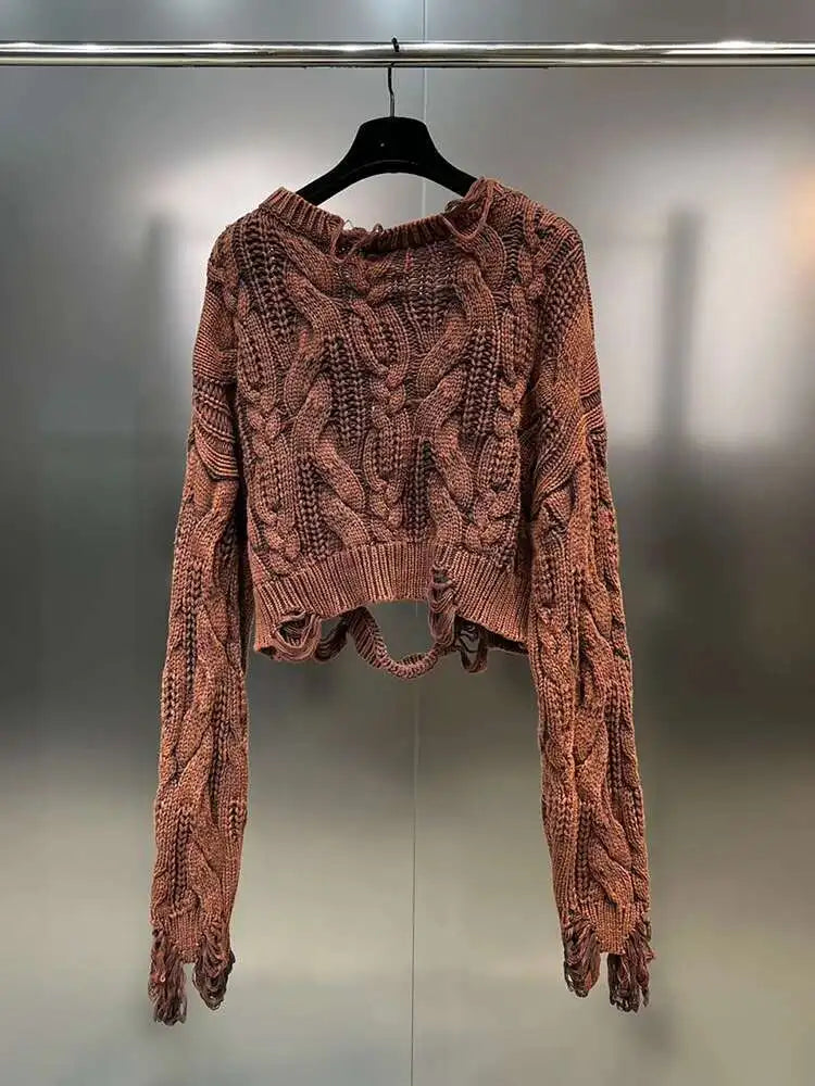 DEAT 2025 Spring Women's Knit Sweater Hollow Out Wash Hole Loose High Street Round Neck Long Sleeve Pattern Pullover 11XX6062