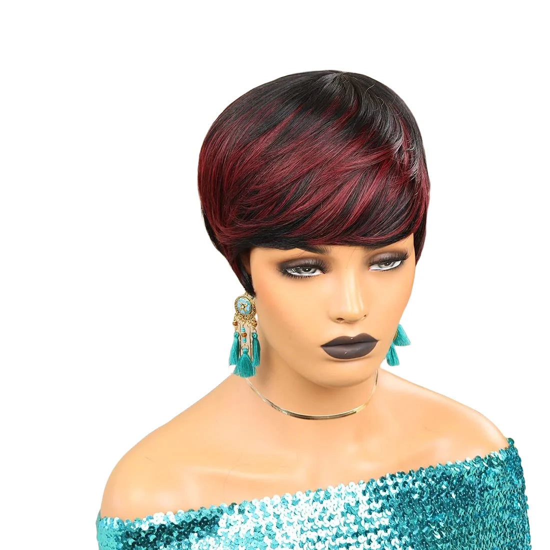 Short Pixie Cut Wigs for Black Women ShortWigs with Bangs Black with Brown Layered Wigs Glueless Short Bob Real Hair Wigs for Wo