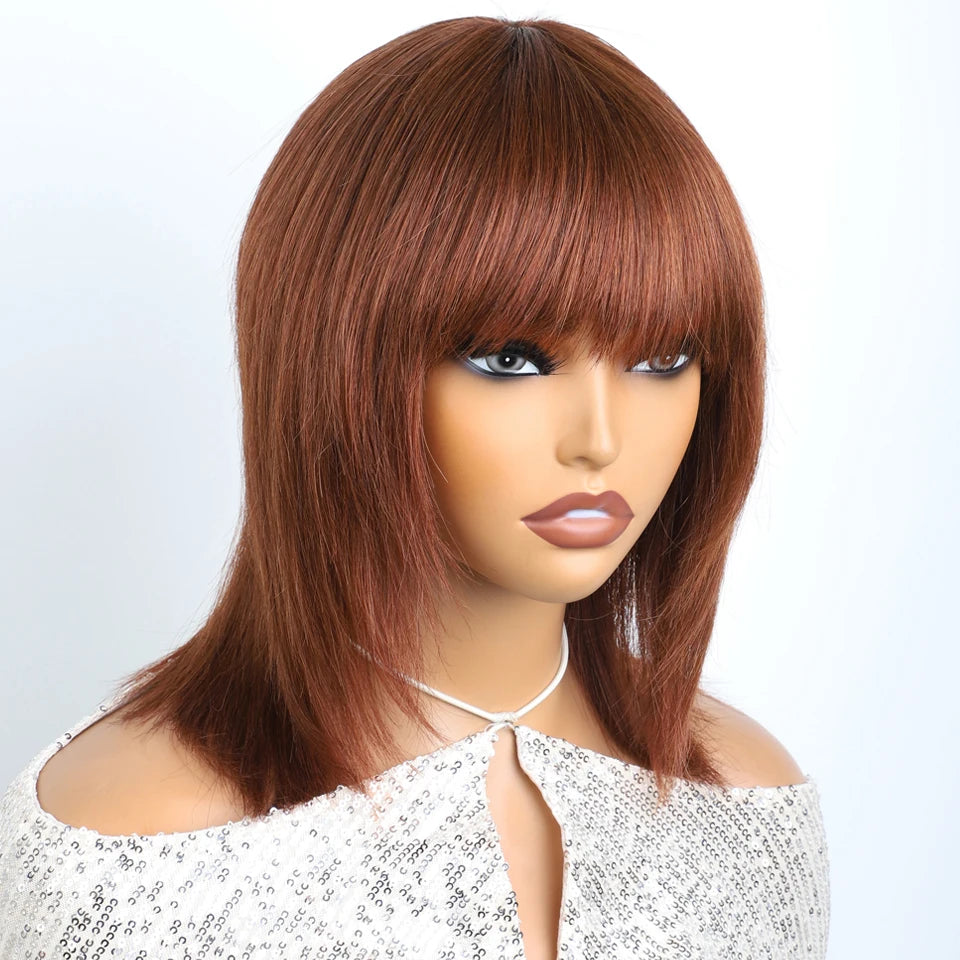 Lekker Glueless Short Brown Wolf Cut Straight Bob Human Hair Wigs With Bangs For Women Brazilian Remy Hair Ready to Wear Bob Wig