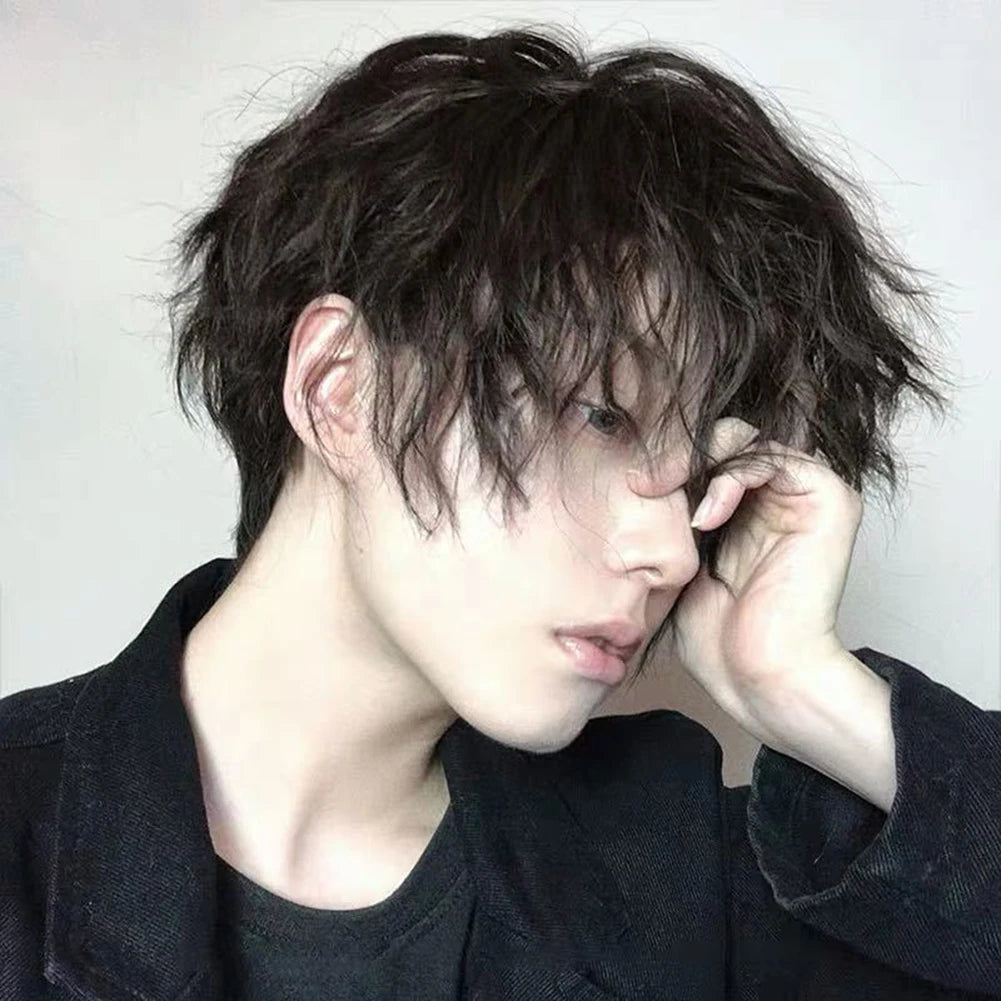 Synthetic Trend Men Short Natural Curly Wig Black With Bangs Head Type Hair Extension Styling Tools For Cosplay Party Headwear