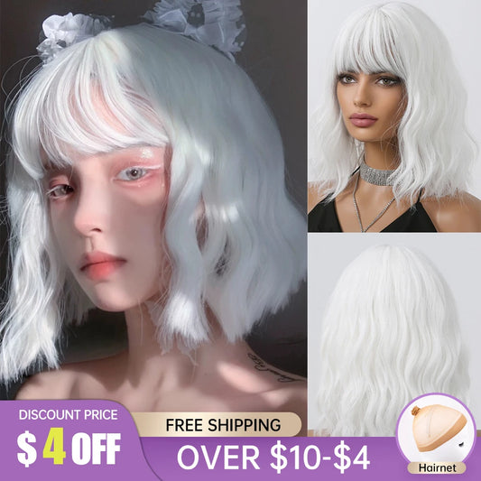 Short Curly Wavy Platinum Blonde Synthetic Wig White Lolita Hair Wig with Bangs for Women Cosplay Party Halloween Heat Resistant
