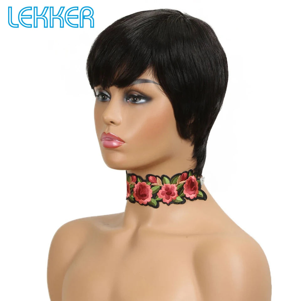 Lekker Clearance Short Pixie Cut Straight Bob 100% Human Hair Wig With Bangs For Women Brazilian Remy Hair Nature Daily Wigs