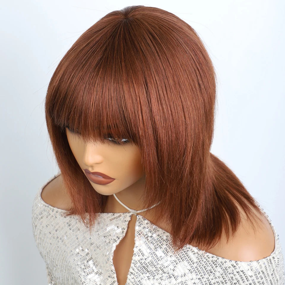 Lekker Glueless Short Brown Wolf Cut Straight Bob Human Hair Wigs With Bangs For Women Brazilian Remy Hair Ready to Wear Bob Wig