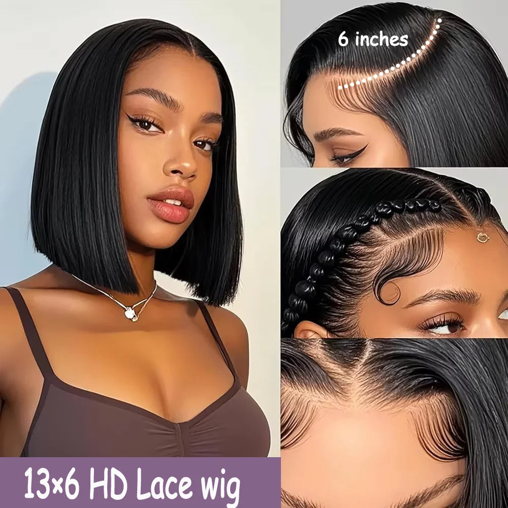 Brazilian Human Hair Bob Wigs Glueless HD Lace Front Wig No Glue Short Bone Straight Lace Frontal Wig Ready to Wear 250 Density