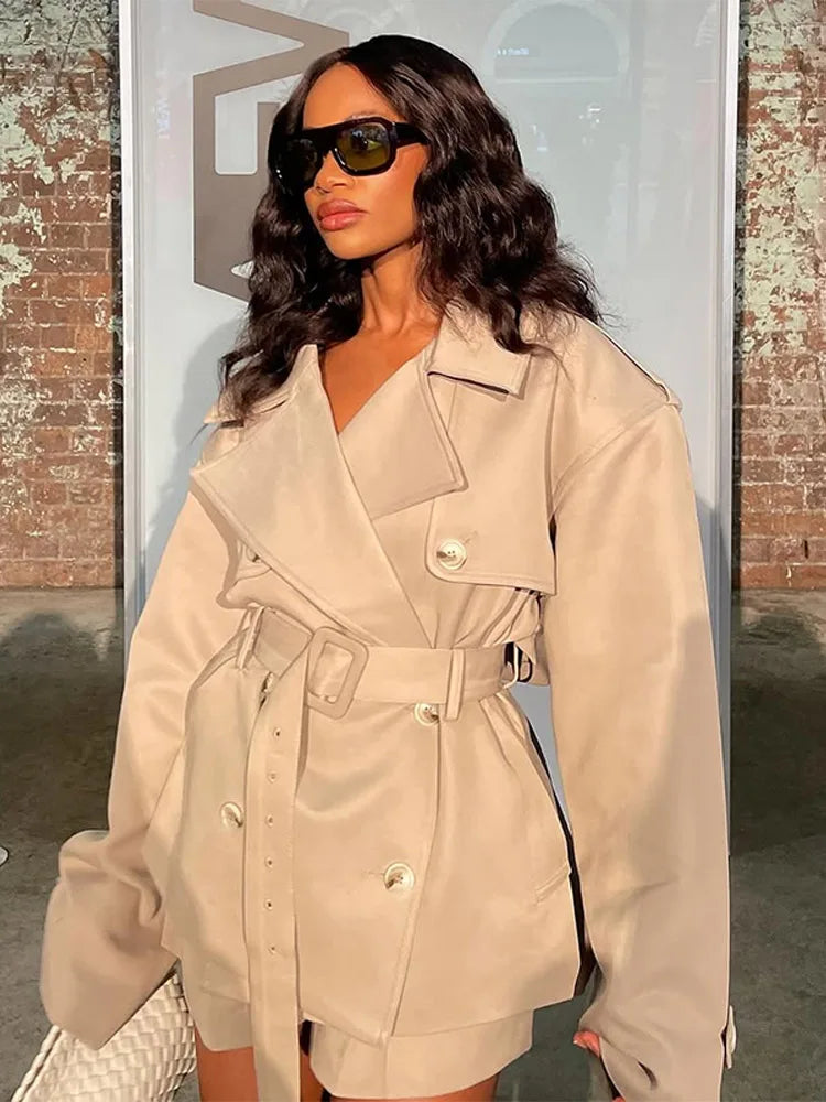 Trench Coat For Woman Outwear Lapel Windbreaker Mini Pants Lace Up Belt Jackets High Street Casual Tops Chic Women Fall Clothes