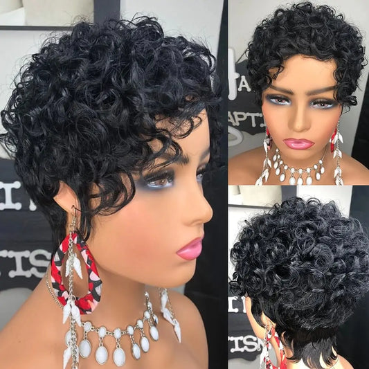 4 Inches Short Curly Pixie Cut Wigs Human Hair Natural 13x1 Lace Human Hair Wigs for Women Cut Hairline 100% Human Hair Be Dye