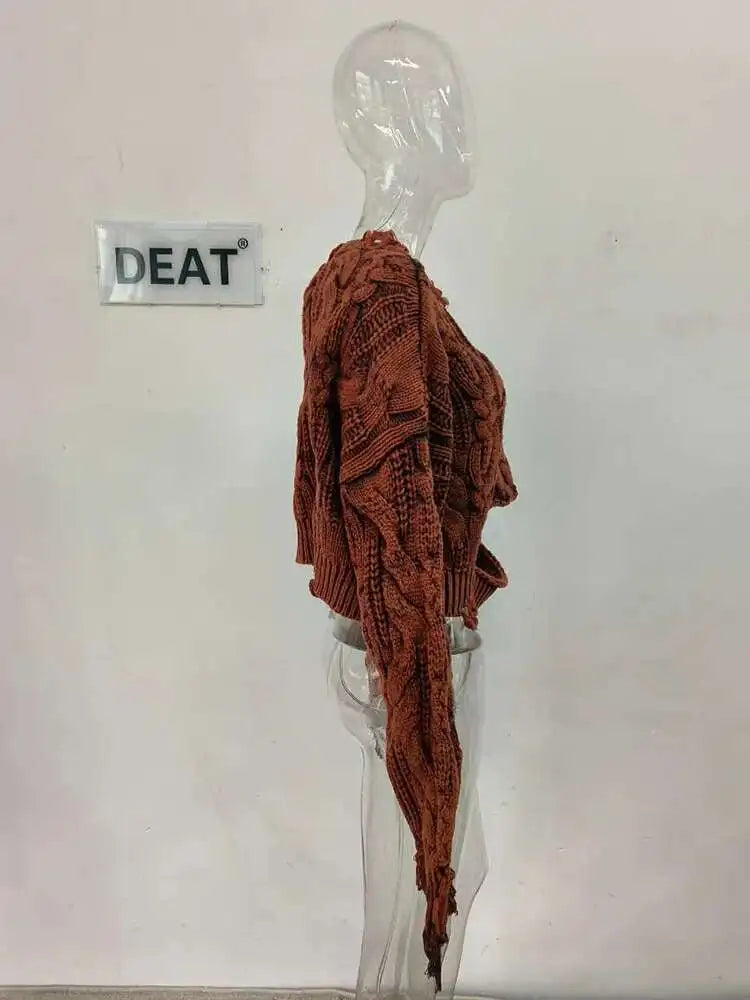 DEAT 2025 Spring Women's Knit Sweater Hollow Out Wash Hole Loose High Street Round Neck Long Sleeve Pattern Pullover 11XX6062