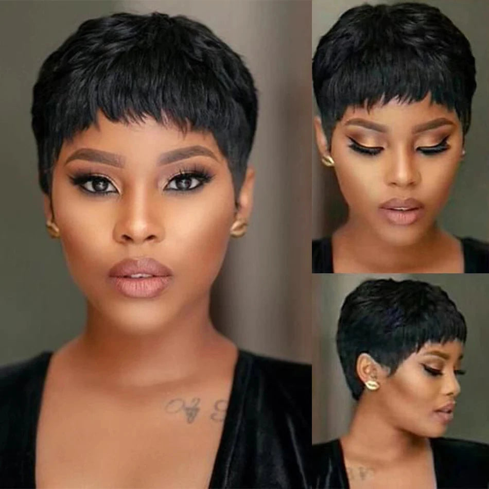 Short Human Hair Wigs with Bangs Short Pixie Wig Human Hair for Women Fashion Full Machine Duby Wig Cheap Black Red  Party Wigs