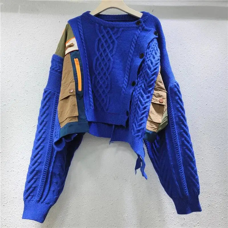 DEAT 2025 Autumn New Niche Design Irregular Splicing Knitted Sweater For Women Fashion Loose Single-breasted Pullover 33A2043
