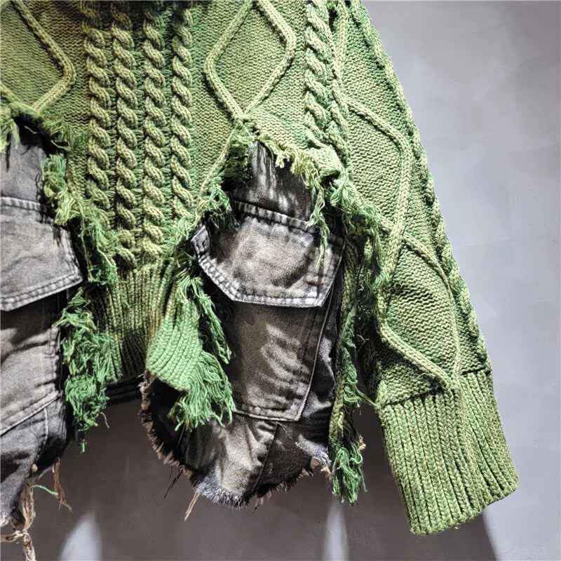 DEAT Women Pullover Long Sleeve Irregular Do Old Patchwork Pockets Vintage Washed Denim Sweater 2026 Summer New Fashion 29L8195