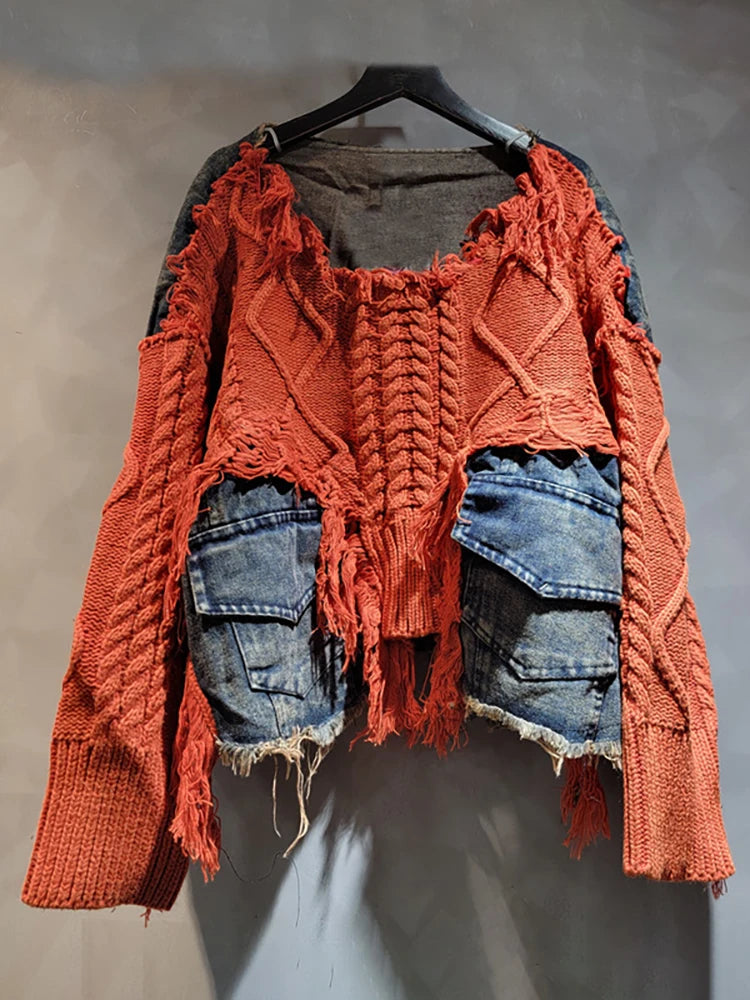 DEAT Women Pullover Long Sleeve Irregular Do Old Patchwork Pockets Vintage Washed Denim Sweater 2026 Summer New Fashion 29L8195