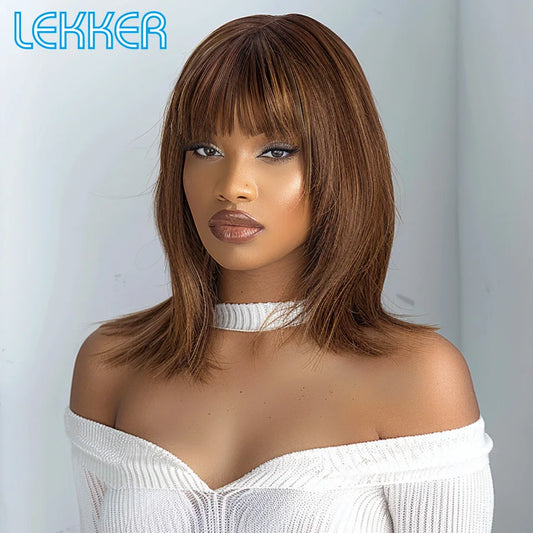 Lekker Glueless Short Brown Wolf Cut Straight Bob Human Hair Wigs With Bangs For Women Brazilian Remy Hair Ready to Wear Bob Wig