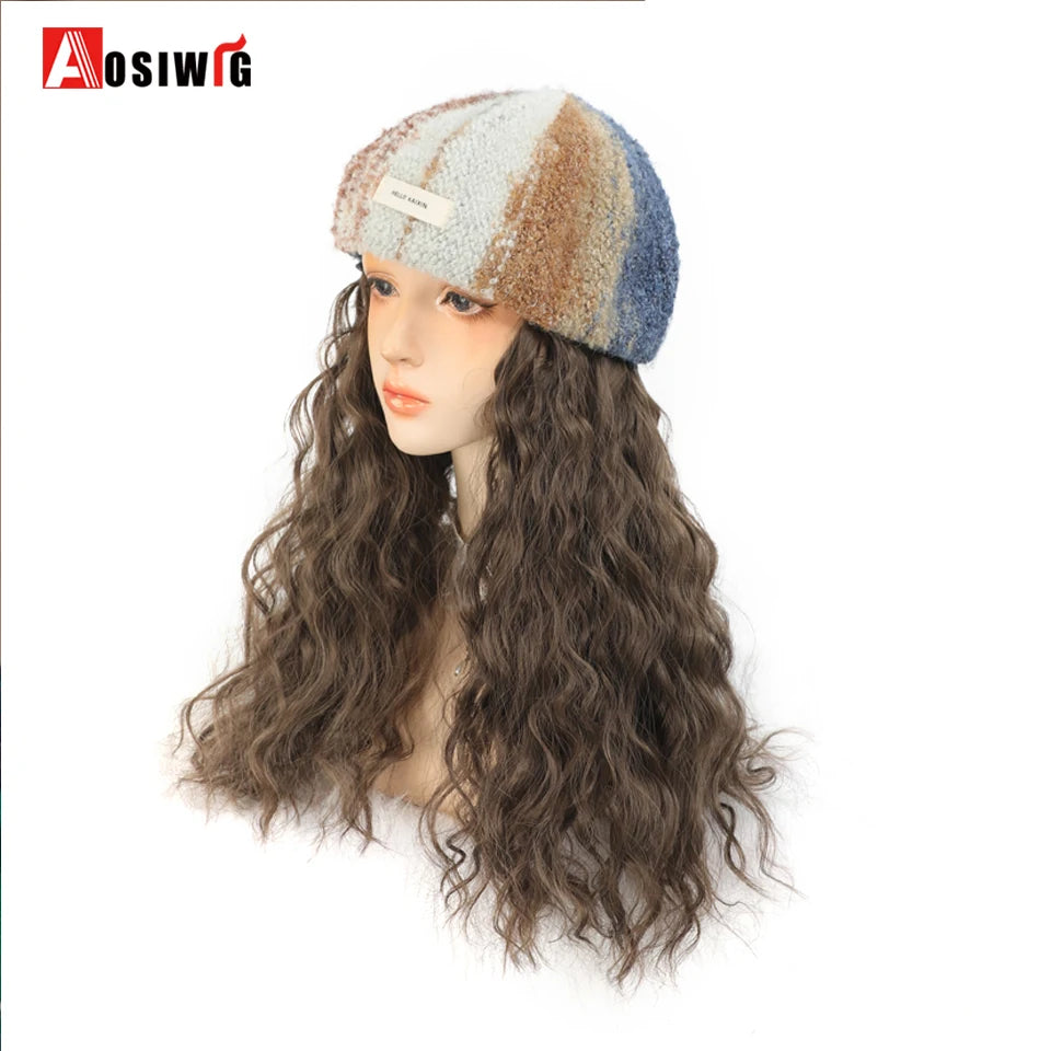 Hat Wig Synthetic Short Curly Wavy Hair Wigs With Hat Fisherman's Cap Wig Hair Extension Black Brown Wig Cap