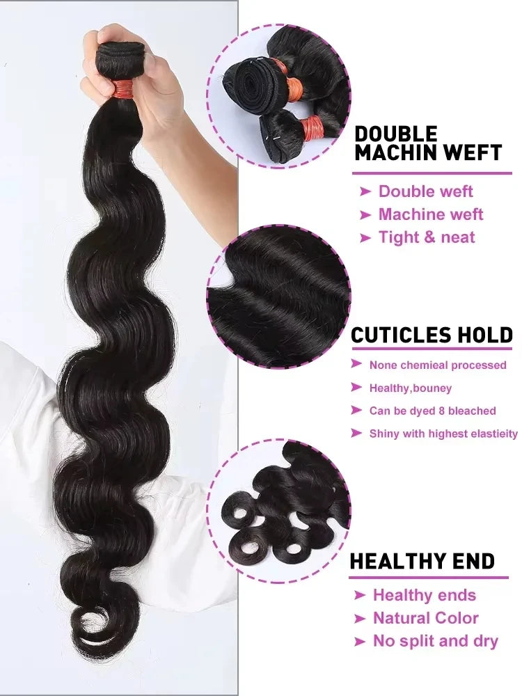 Body Wave 100% Unprocessed Human Hair 3 Bundles Brazilian Remy Virgin Natural Water Weave Bundle Extensions Tissage For Women
