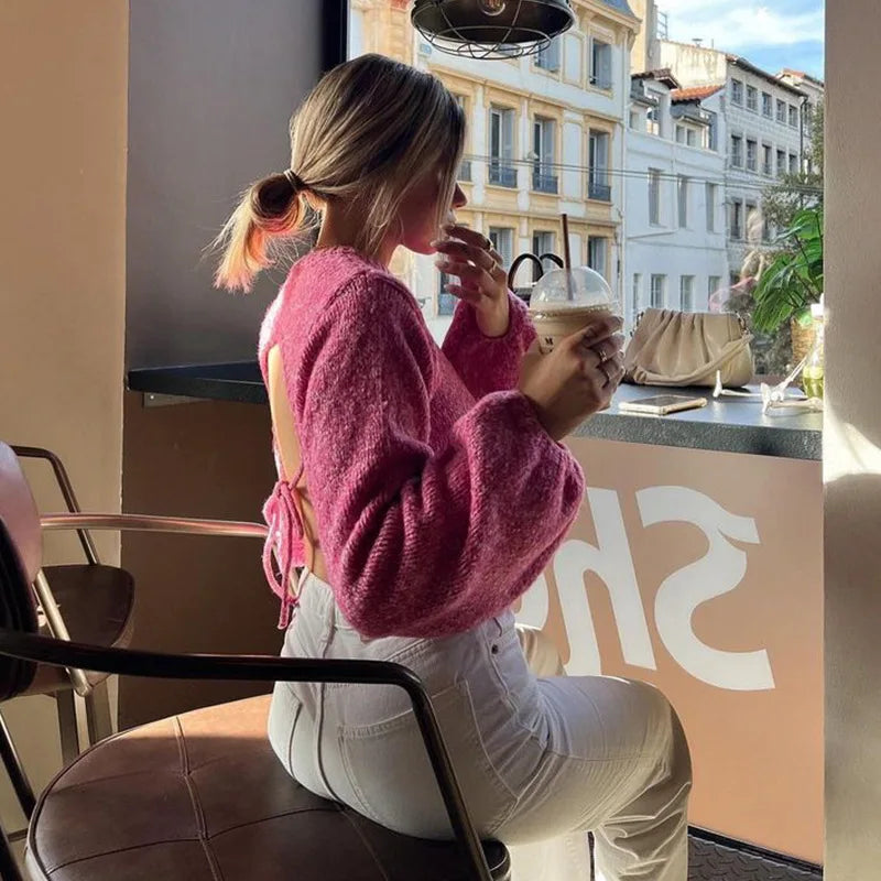 Tossy Lace-Up Backless Sweater Pullover For Women Sexy Long Sleeve Fashion Turtleneck Loose Bandage High Street Camisola Top