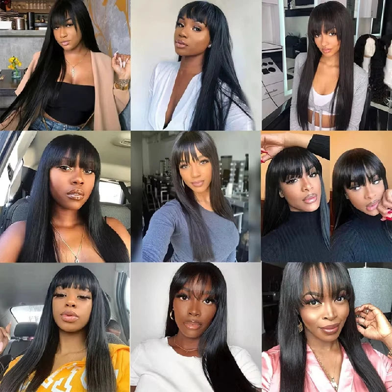 Rosslyn Straight Human Hair Wigs With Bangs 1b Black Wig Not Lace Natural Color Full Machine Wig From Brazilian Original