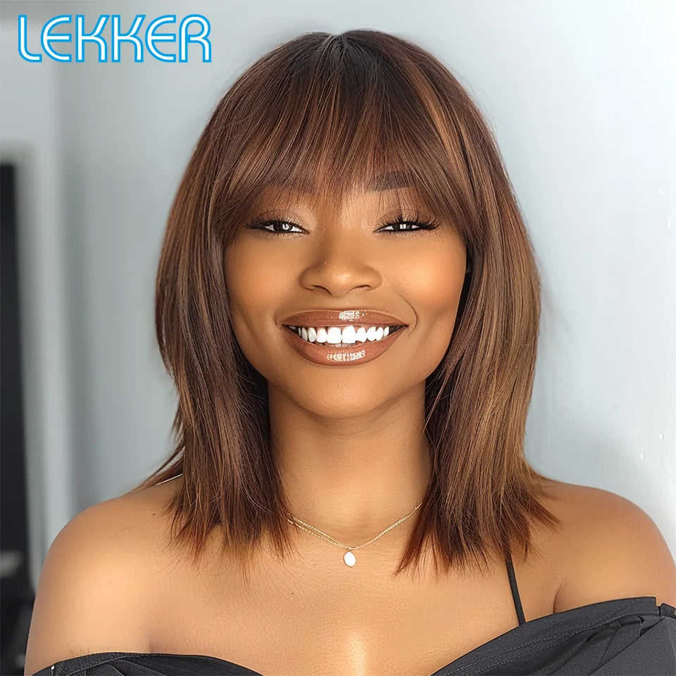 Lekker Glueless Short Brown Wolf Cut Straight Bob Human Hair Wigs With Bangs For Women Brazilian Remy Hair Ready to Wear Bob Wig