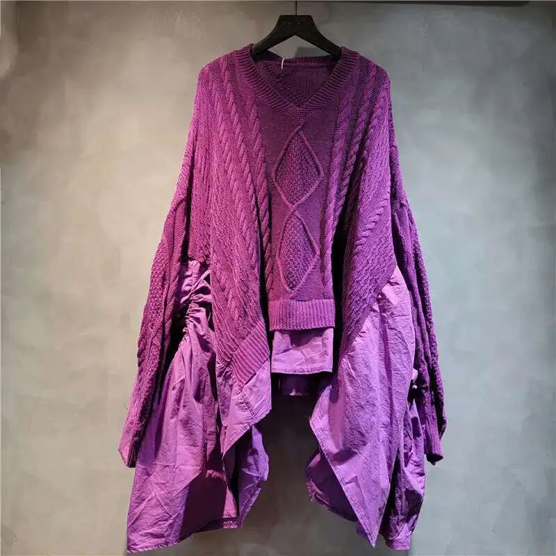 DEAT 2024 Autumn New Fashion Women's Twists Knitting Spliced Sweater Loose Bat Sleeve V-neck Long Pullovers Female 33A1448