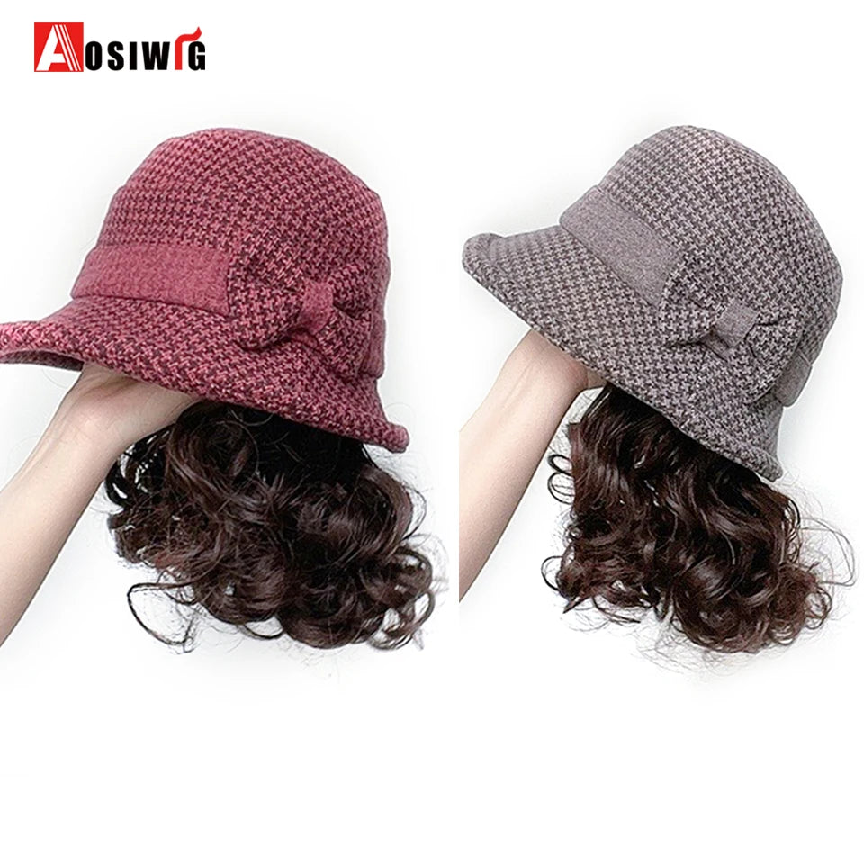 Hat Wig Synthetic Short Curly Wavy Hair Wigs With Hat Fisherman's Cap Wig Hair Extension Black Brown Wig Cap