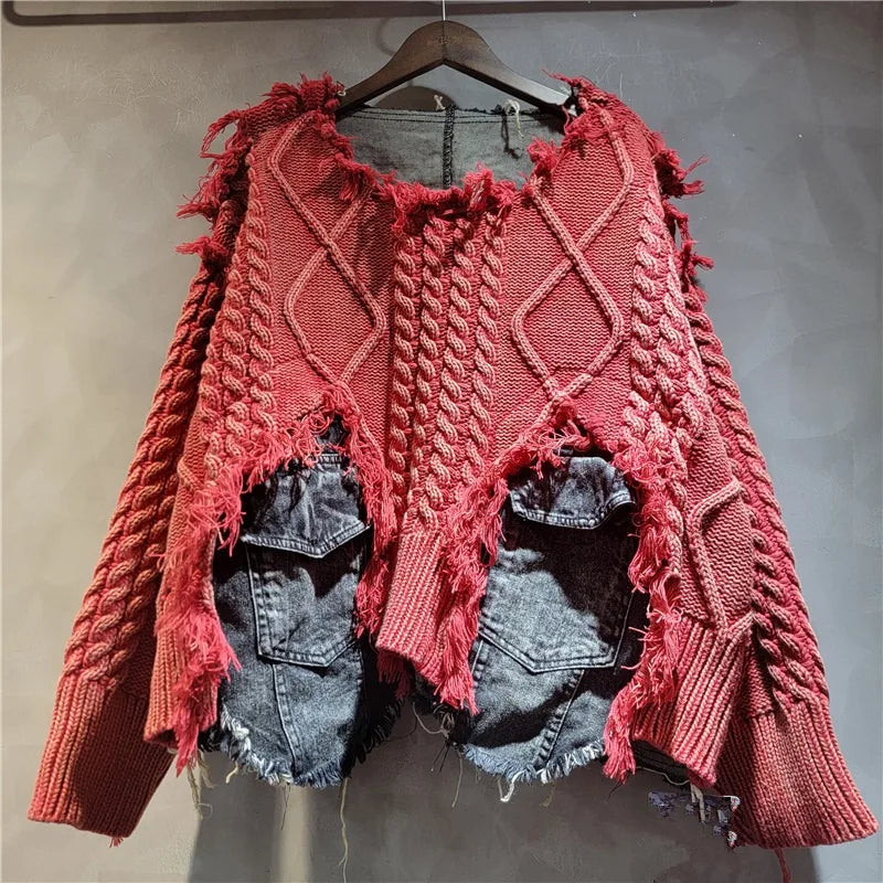 DEAT Women Pullover Long Sleeve Irregular Do Old Patchwork Pockets Vintage Washed Denim Sweater 2026 Summer New Fashion 29L8195