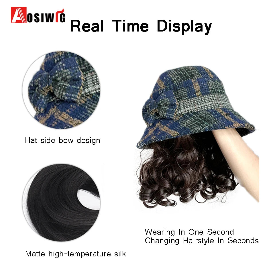 Hat Wig Synthetic Short Curly Wavy Hair Wigs With Hat Fisherman's Cap Wig Hair Extension Black Brown Wig Cap