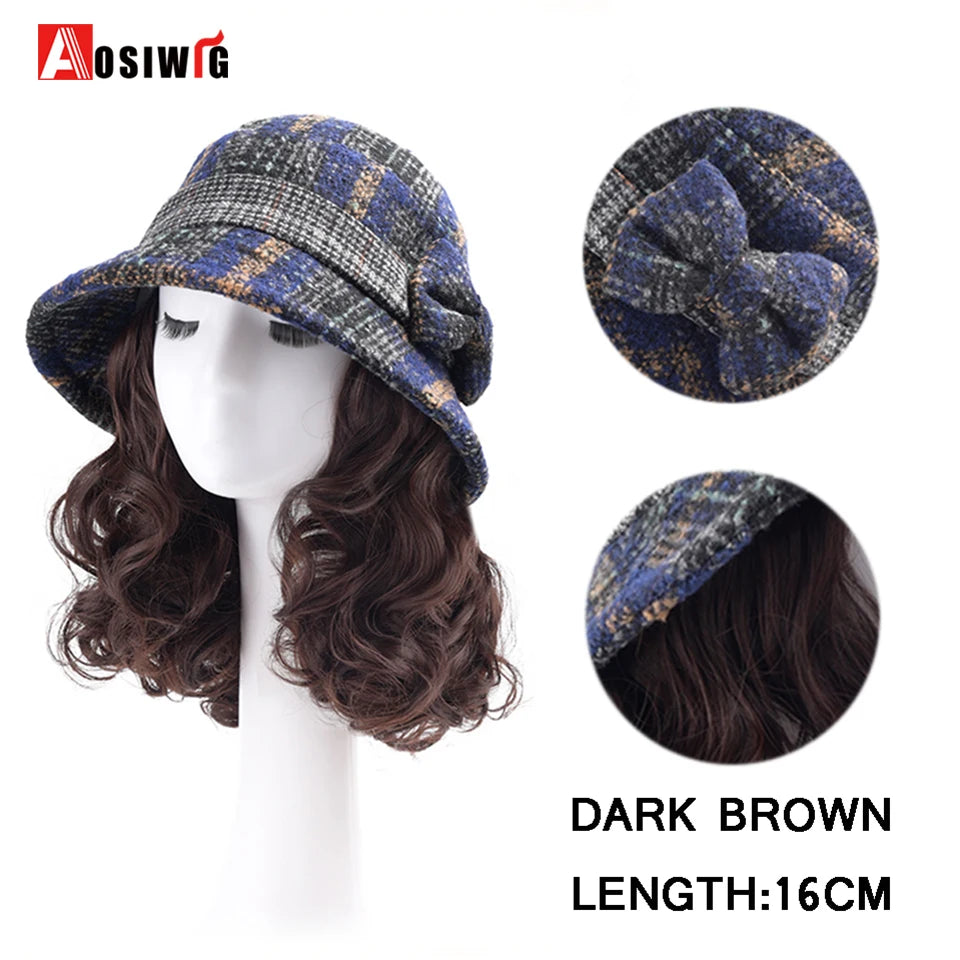 Hat Wig Synthetic Short Curly Wavy Hair Wigs With Hat Fisherman's Cap Wig Hair Extension Black Brown Wig Cap