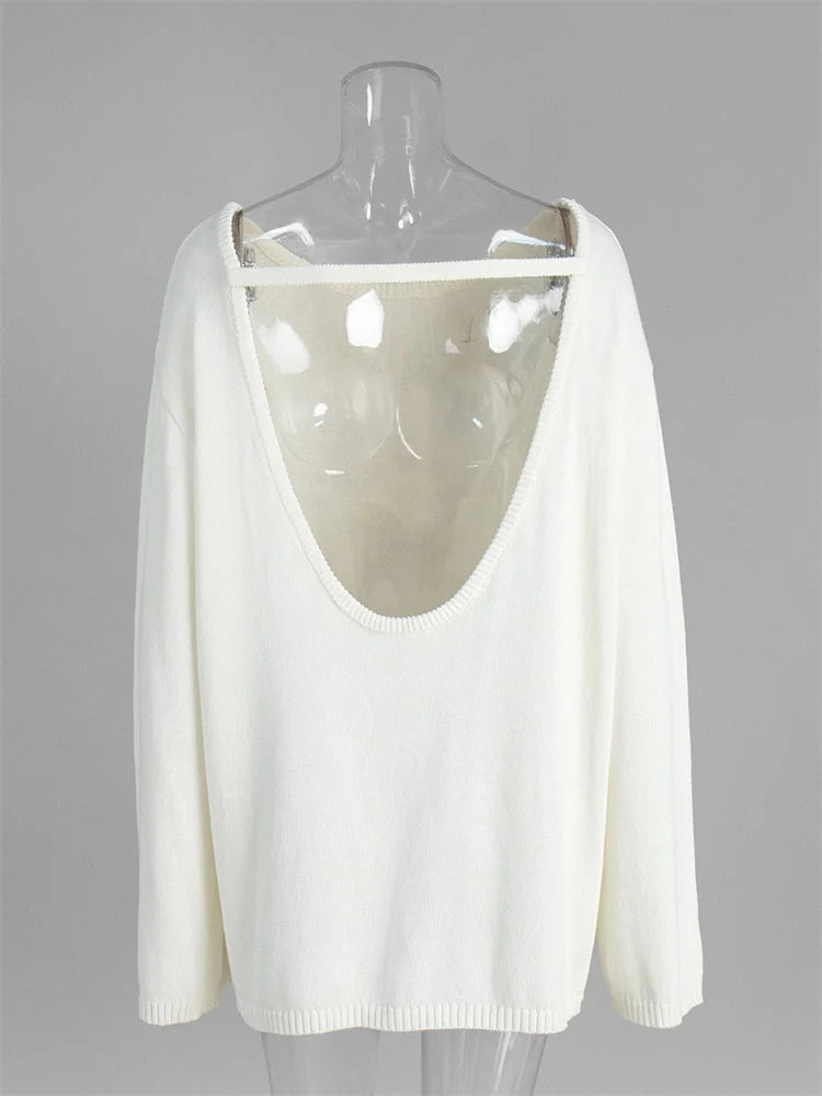 Tossy Female Backless Loose Knitwear Sweater Solid Casual Elegant Long Sleeve Patchwork Commute Clothes Women's Knit Pullover